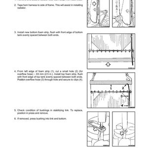 Puede incluir: Una p&aacute;gina de manual que detalla la instalaci&oacute;n del radiador. El texto incluye instrucciones para quitar las tiras de espuma, instalar una nueva tira inferior y asegurar la manguera de desbordamiento. Los diagramas ilustran cada paso, con medidas en mil&iacute;metros.