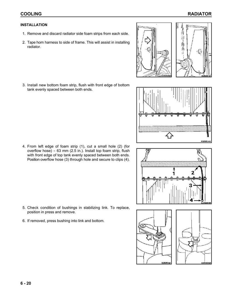 Puede incluir: Una p&aacute;gina de manual que detalla la instalaci&oacute;n del radiador. El texto incluye instrucciones para quitar las tiras de espuma, instalar una nueva tira inferior y asegurar la manguera de desbordamiento. Los diagramas ilustran cada paso, con medidas en mil&iacute;metros.