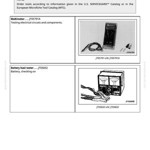 May include: Image of a page from a catalog featuring special or essential tools. The page includes a multimeter and a battery load tester. The multimeter is used for testing electrical circuits and components.