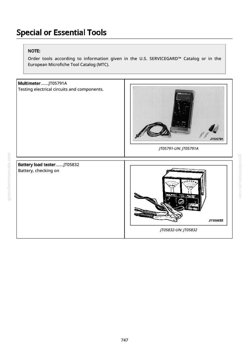 May include: Image of a page from a catalog featuring special or essential tools. The page includes a multimeter and a battery load tester. The multimeter is used for testing electrical circuits and components.
