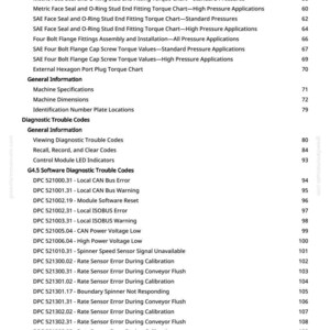 May include: A white document page with a list of technical specifications and diagnostic trouble codes. The document includes headings such as "Metric Bolt and Screw Torque Values" and "G4.5 Software Diagnostic Trouble Codes."