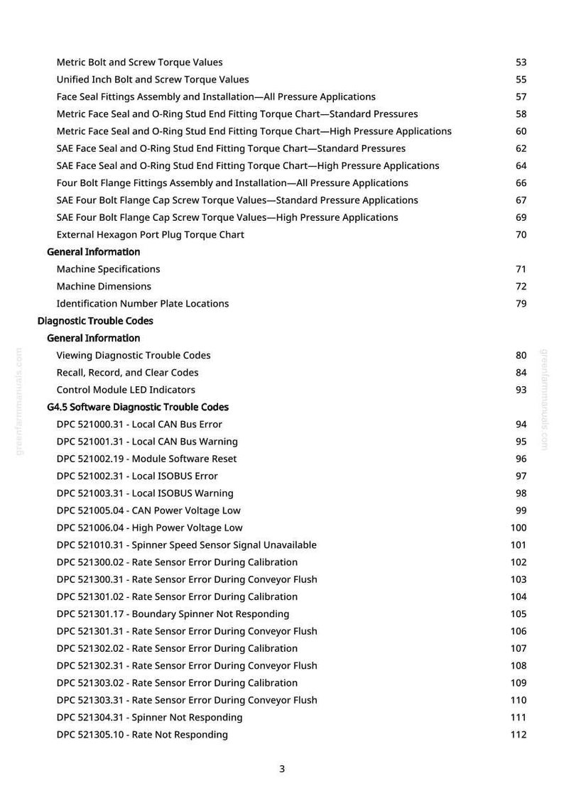 May include: A white document page with a list of technical specifications and diagnostic trouble codes. The document includes headings such as "Metric Bolt and Screw Torque Values" and "G4.5 Software Diagnostic Trouble Codes."