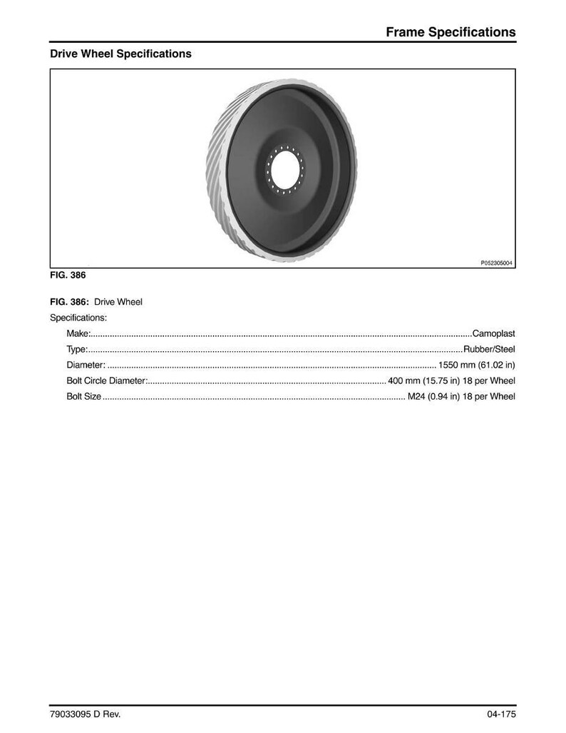 K&ouml;nnte beinhalten: Detaillierte Zeichnung eines Antriebsrads, bezeichnet als FIG. 386. Das Rad ist haupts&auml;chlich schwarz mit einem silbernen Au&szlig;enrand. Spezifikationen umfassen einen Durchmesser von 1550 mm und einen Lochkreisdurchmesser von 400 mm.