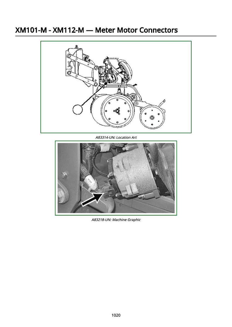 May include: Diagram of meter motor connectors, labeled XM101-M and XM112-M. The image includes a line drawing of a machine with wheels and a detailed photograph of a component with an arrow pointing to a specific area. Text includes "Location Art" and "Machine Graphic."