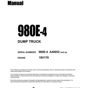 May include: A white shop manual with the text "Shop Manual" at the top. The manual features the text "980E-4 DUMP TRUCK" in large, bold font. Additional text includes serial numbers and engine specifications.