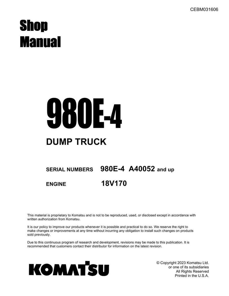 May include: A white shop manual with the text "Shop Manual" at the top. The manual features the text "980E-4 DUMP TRUCK" in large, bold font. Additional text includes serial numbers and engine specifications.