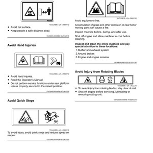 Puede incluir: Una p&aacute;gina de etiquetas de seguridad sin texto, con s&iacute;mbolos de advertencia e instrucciones. Los temas incluyen superficies calientes, incendios de equipos, lesiones en las manos, cuchillas giratorias y paradas r&aacute;pidas. Las etiquetas son en blanco y negro.