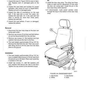 May include: Diagram of a passenger seat with numbered components and instructions for inspection, removal, and installation. The seat weighs approximately 55 kg. The diagram includes a seat, cap screws, and tethers.