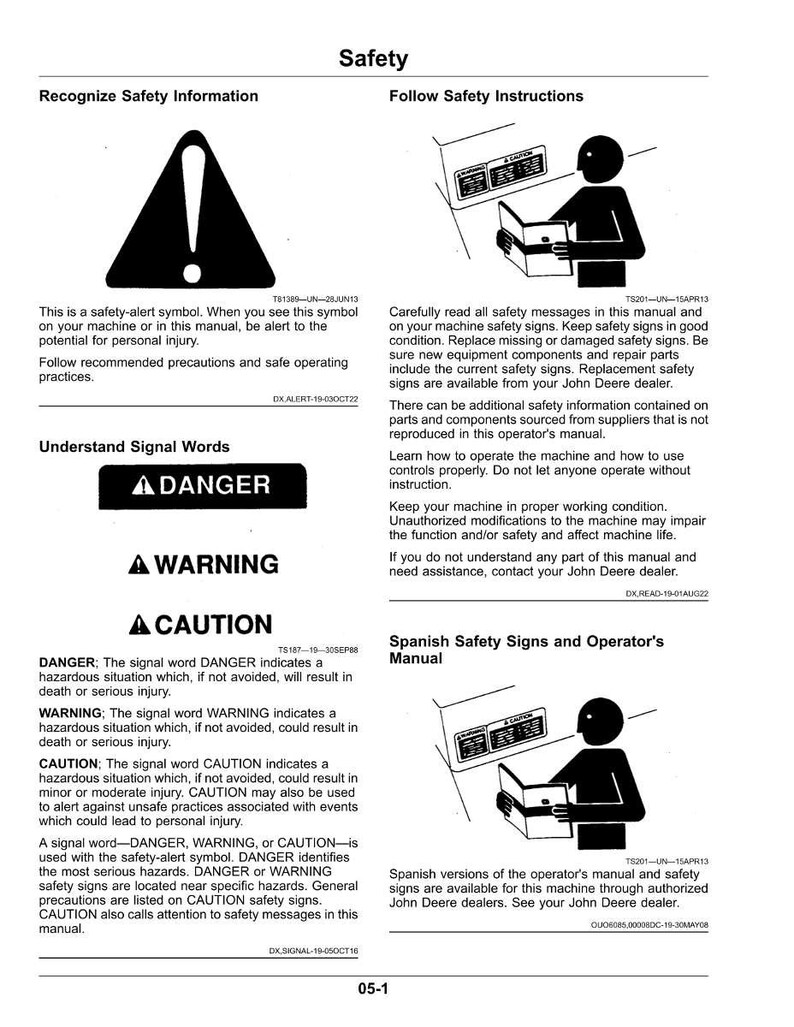 May include: A manual page with safety information, including a safety-alert symbol, signal words like DANGER, WARNING, and CAUTION, and instructions. The page also includes information on Spanish safety signs.