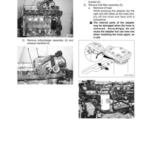 May include: Diagram of engine components with labels for disassembly and assembly instructions. Includes images of the turbocharger, exhaust manifold, and fuel filter assembly. Text instructions detail the removal of various parts.