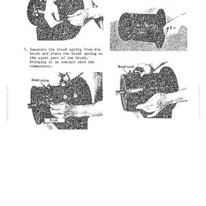 May include: A grayscale diagram illustrating the assembly of a mechanical component. The image shows various steps, including attaching a bracket with a bolt, placing a brush band, and separating a brush spring. Text labels identify parts like "Brush spring" and "Brush band."