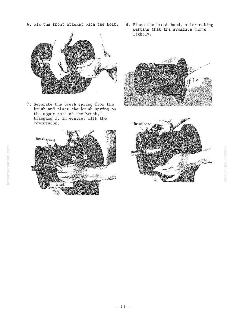May include: A grayscale diagram illustrating the assembly of a mechanical component. The image shows various steps, including attaching a bracket with a bolt, placing a brush band, and separating a brush spring. Text labels identify parts like "Brush spring" and "Brush band."