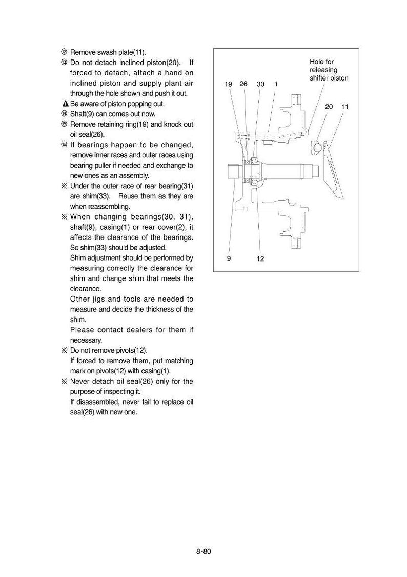 Może przedstawiać: Schemat techniczny element&oacute;w mechanicznych z etykietami i instrukcjami. Obraz przedstawia części takie jak płyta wahliwa, tłok skośny, wał i uszczelka olejowa. Tekst zawiera wskaz&oacute;wki dotyczące procedur montażu i konserwacji.