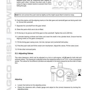 May include: Diagram of a valve mechanism with text instructions. The text includes steps for adjusting valves, with a specified clearance of 0.35 mm. The image also shows a diagram of the valve assembly.