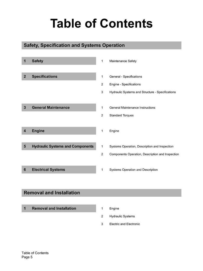 K&ouml;nnte beinhalten: Eine Dokumentseite mit dem Titel &bdquo;Inhaltsverzeichnis&ldquo; mit einer Liste von Themen. Zu den Abschnitten geh&ouml;ren Sicherheit, Spezifikationen, Allgemeine Wartung, Motor, Hydrauliksysteme, elektrische Systeme, Ausbau und Einbau. Seite 5 ist unten vermerkt.