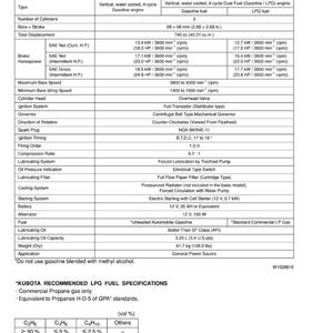 May include: Specifications table for WG752-E2 and DF752-E2 engines, detailing models, fuel types, cylinder numbers, bore and stroke measurements (68 x 68 mm), and horsepower. Includes information on ignition, cooling, and fuel specifications.