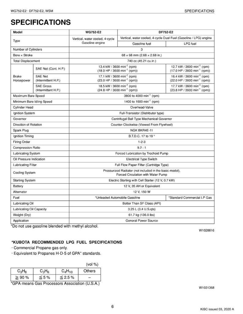 May include: Specifications table for WG752-E2 and DF752-E2 engines, detailing models, fuel types, cylinder numbers, bore and stroke measurements (68 x 68 mm), and horsepower. Includes information on ignition, cooling, and fuel specifications.