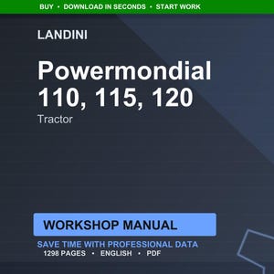 K&ouml;nnte beinhalten: Digitales Werkstatthandbuch f&uuml;r Landini Powermondial Traktoren, Modelle 110, 115 und 120. Das Cover ist dunkelblau mit wei&szlig;em Text, einschlie&szlig;lich der Traktormodellnummern. Das Handbuch enth&auml;lt 1298 Seiten mit professionellen Daten.
