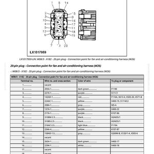 May include: Diagram of a 20-pin plug connection point for a fan and air-conditioning harness, labeled W08/3-X182. Includes a pin layout and a table detailing terminal numbers, wire specifications, and color codes for automotive applications.