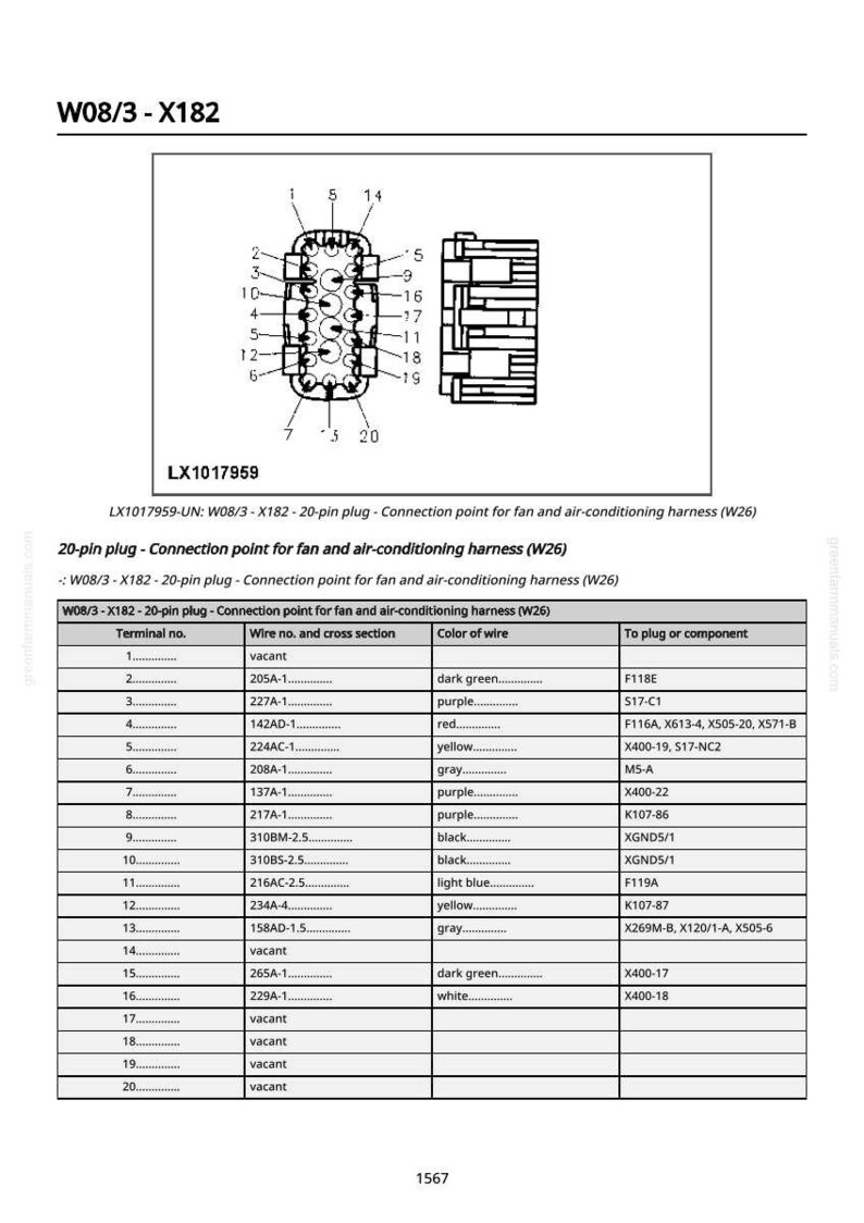 May include: Diagram of a 20-pin plug connection point for a fan and air-conditioning harness, labeled W08/3-X182. Includes a pin layout and a table detailing terminal numbers, wire specifications, and color codes for automotive applications.