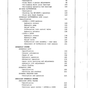 May include: A printed index page from a manual, with a list of technical terms and specifications related to front axles, differentials, hydraulic systems, and auxiliary hydraulic systems. The text is in black font.