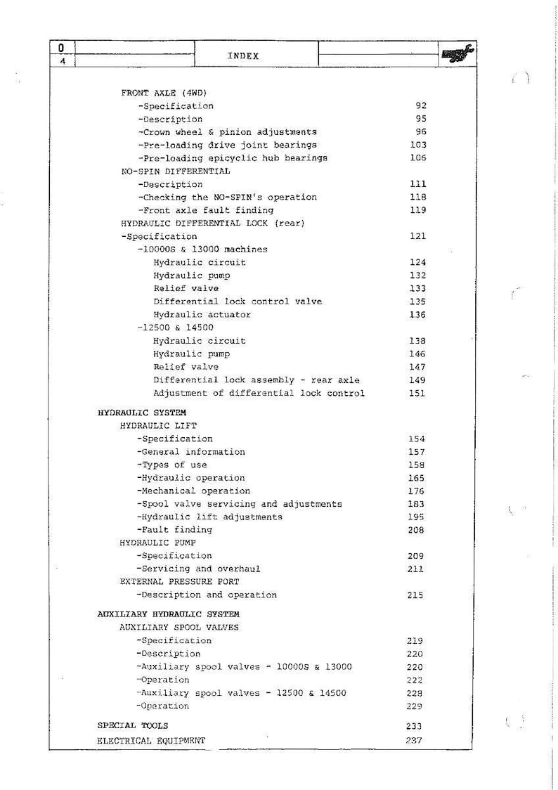 May include: A printed index page from a manual, with a list of technical terms and specifications related to front axles, differentials, hydraulic systems, and auxiliary hydraulic systems. The text is in black font.