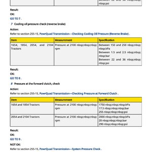 May include: A detailed technical document with tables and specifications for tractor maintenance. Includes pressure measurements in psi, kPa, and bar, along with RPM values for various tractor models.