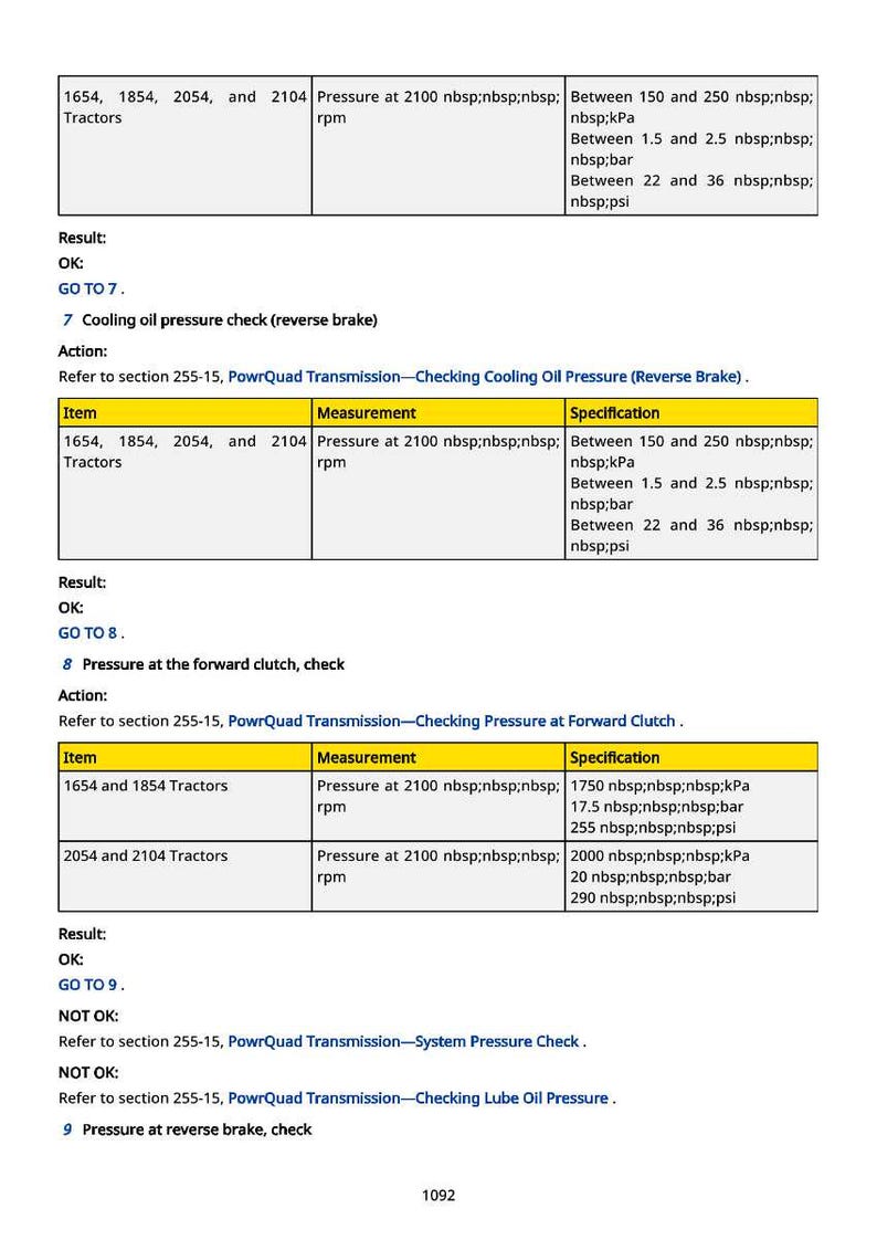 May include: A detailed technical document with tables and specifications for tractor maintenance. Includes pressure measurements in psi, kPa, and bar, along with RPM values for various tractor models.