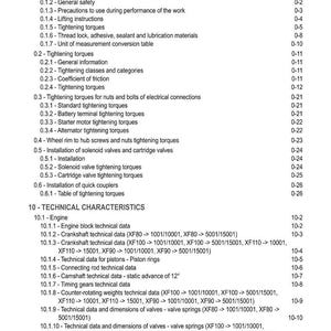 May include: A detailed table of contents from a technical manual, with headings and subheadings in black text on a white background. Sections include tightening torques, technical characteristics, and engine data.