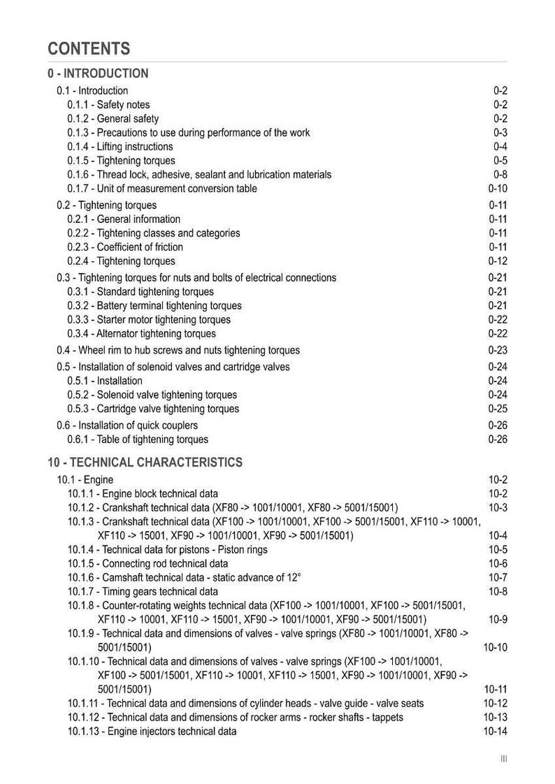 May include: A detailed table of contents from a technical manual, with headings and subheadings in black text on a white background. Sections include tightening torques, technical characteristics, and engine data.