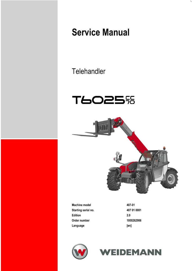 May include: A service manual cover showing a red and grey Telehandler T602555. The machine has large tyres and a lifting arm with forks. The Weidemann logo is at the bottom.