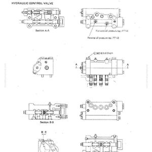 Puede incluir: Diagrama t&eacute;cnico de una v&aacute;lvula de control hidr&aacute;ulico, que muestra varias vistas seccionales etiquetadas A-A, B-B y C-C. El texto incluye "Estructura y Funci&oacute;n" y "Forward oil pressure tap, PT1/8". El diagrama es en blanco y negro.