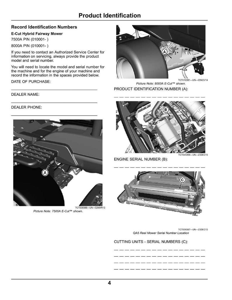 K&ouml;nnte beinhalten: Produktidentifikationsleitfaden f&uuml;r einen E-Cut Hybrid Fairway M&auml;her. Das Dokument enth&auml;lt Diagramme von M&auml;herteilen mit Beschriftungen f&uuml;r Produktidentifikation, Motornummer und Schneideinheiten. Text enth&auml;lt Modell- und Seriennummerinformationen.