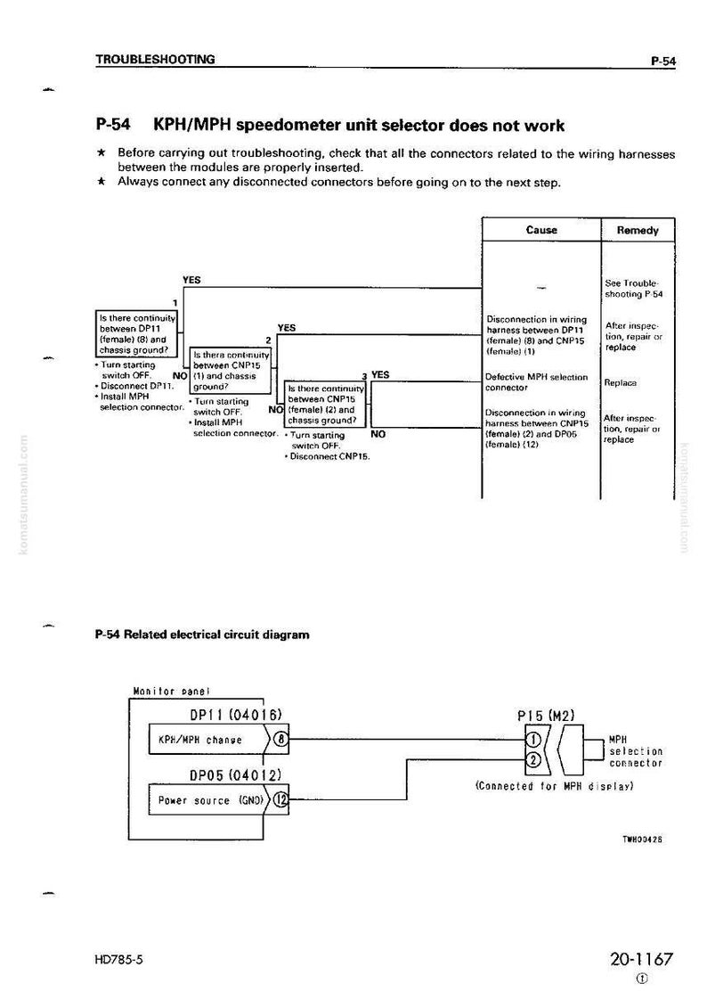 Peut inclure: Un sch&eacute;ma de d&eacute;pannage pour un s&eacute;lecteur d'unit&eacute; de compteur de vitesse KPH/MPH. Le sch&eacute;ma comprend un organigramme avec des questions oui/non et un sch&eacute;ma de circuit &eacute;lectrique connexe. Le texte comprend "D&eacute;pannage" et "P-54 KPH/MPH le s&eacute;lecteur d'unit&eacute; de compteur de vitesse ne fonctionne pas."