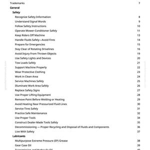 May include: A white page with a black table of contents for a manual. The table lists safety topics such as "Recognize Safety Information" and "Avoid Injury From Thrown Objects."
