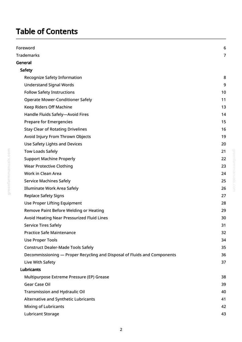 May include: A white page with a black table of contents for a manual. The table lists safety topics such as "Recognize Safety Information" and "Avoid Injury From Thrown Objects."