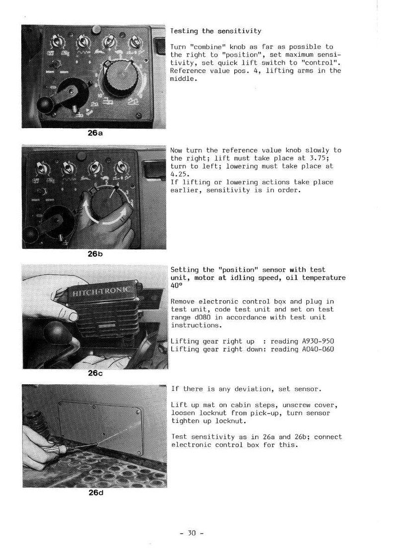 May include: A page from a technical manual detailing sensitivity testing procedures. The images show control panels, a sensor, and a person adjusting machinery. Text provides step-by-step instructions.