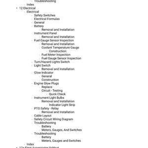 May include: A detailed list of technical terms and procedures, including "Re-Assembly," "Troubleshooting," and "Electrical." The text is organized with bullet points and subheadings, covering topics like "Battery," "Fuel Gauge," and "Light Switch."