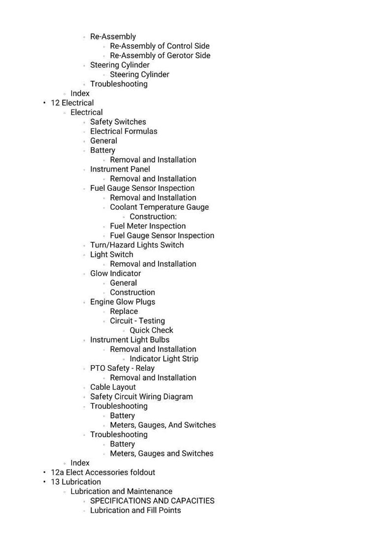 May include: A detailed list of technical terms and procedures, including "Re-Assembly," "Troubleshooting," and "Electrical." The text is organized with bullet points and subheadings, covering topics like "Battery," "Fuel Gauge," and "Light Switch."
