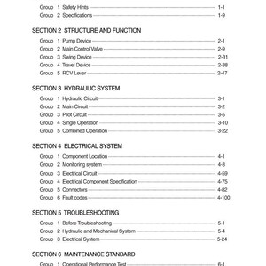 May include: A white document titled "CONTENTS" with a detailed table of contents. Sections include General, Structure and Function, Hydraulic System, Electrical System, Troubleshooting, and Maintenance Standard. Each section lists multiple groups and page numbers.