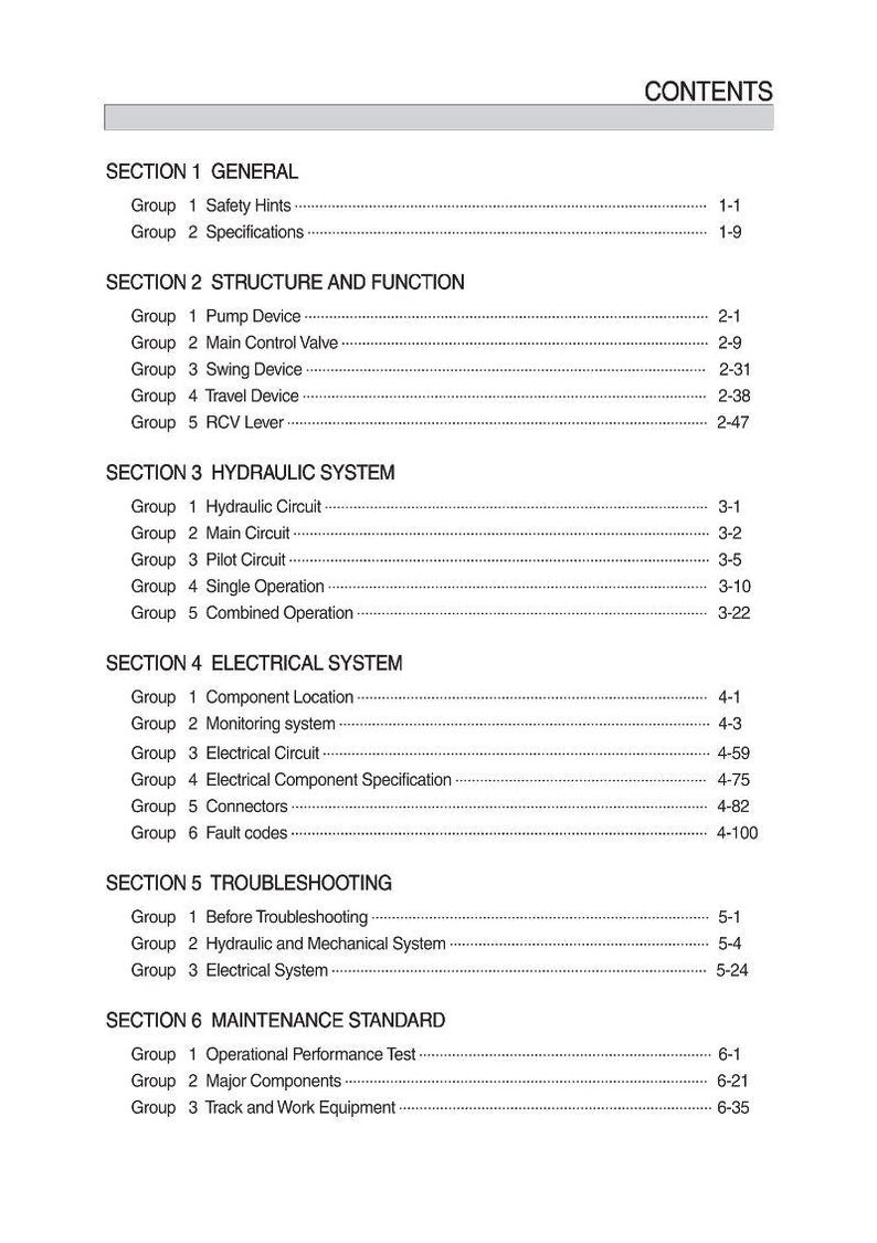 May include: A white document titled "CONTENTS" with a detailed table of contents. Sections include General, Structure and Function, Hydraulic System, Electrical System, Troubleshooting, and Maintenance Standard. Each section lists multiple groups and page numbers.