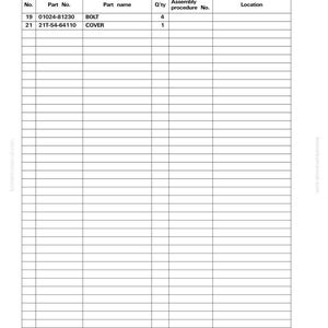 May include: A detailed parts list for the right side cover sub-assembly. The document includes columns for part number, part name, quantity, assembly procedure number, and location. The list includes bolts and a cover.