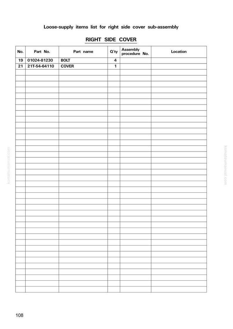 May include: A detailed parts list for the right side cover sub-assembly. The document includes columns for part number, part name, quantity, assembly procedure number, and location. The list includes bolts and a cover.