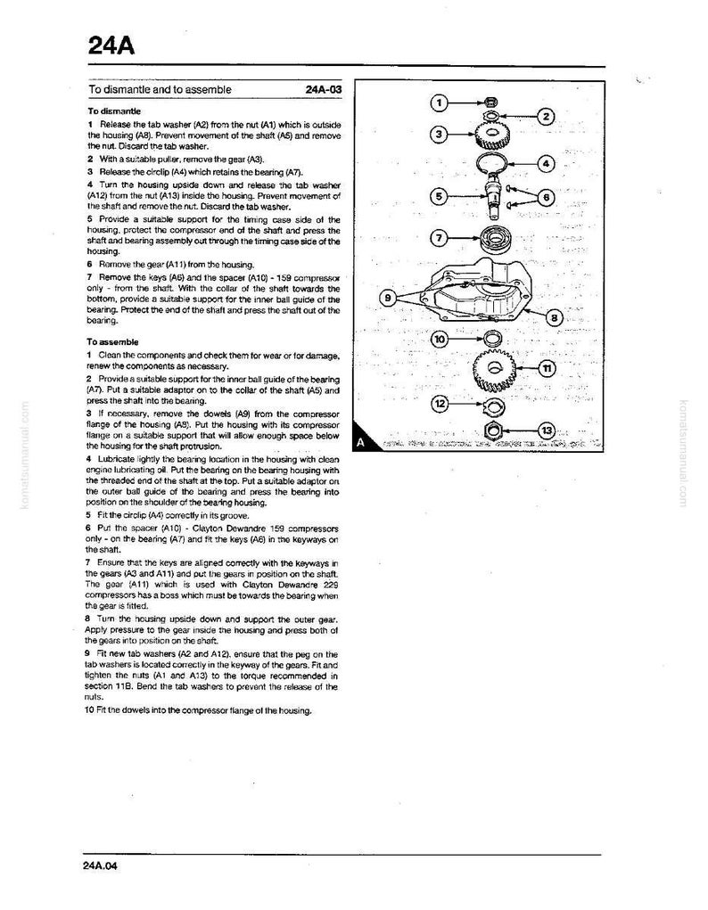 May include: Technical diagram showing mechanical parts and assembly instructions. The text details dismantling and assembly steps, referencing nuts, washers, gears, and bearings. The page is from a manual.