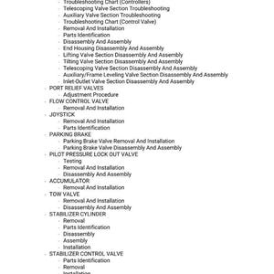 May include: A detailed list of hydraulic system components and procedures, including parts identification, disassembly, and assembly instructions. The text is in black font on a white background.