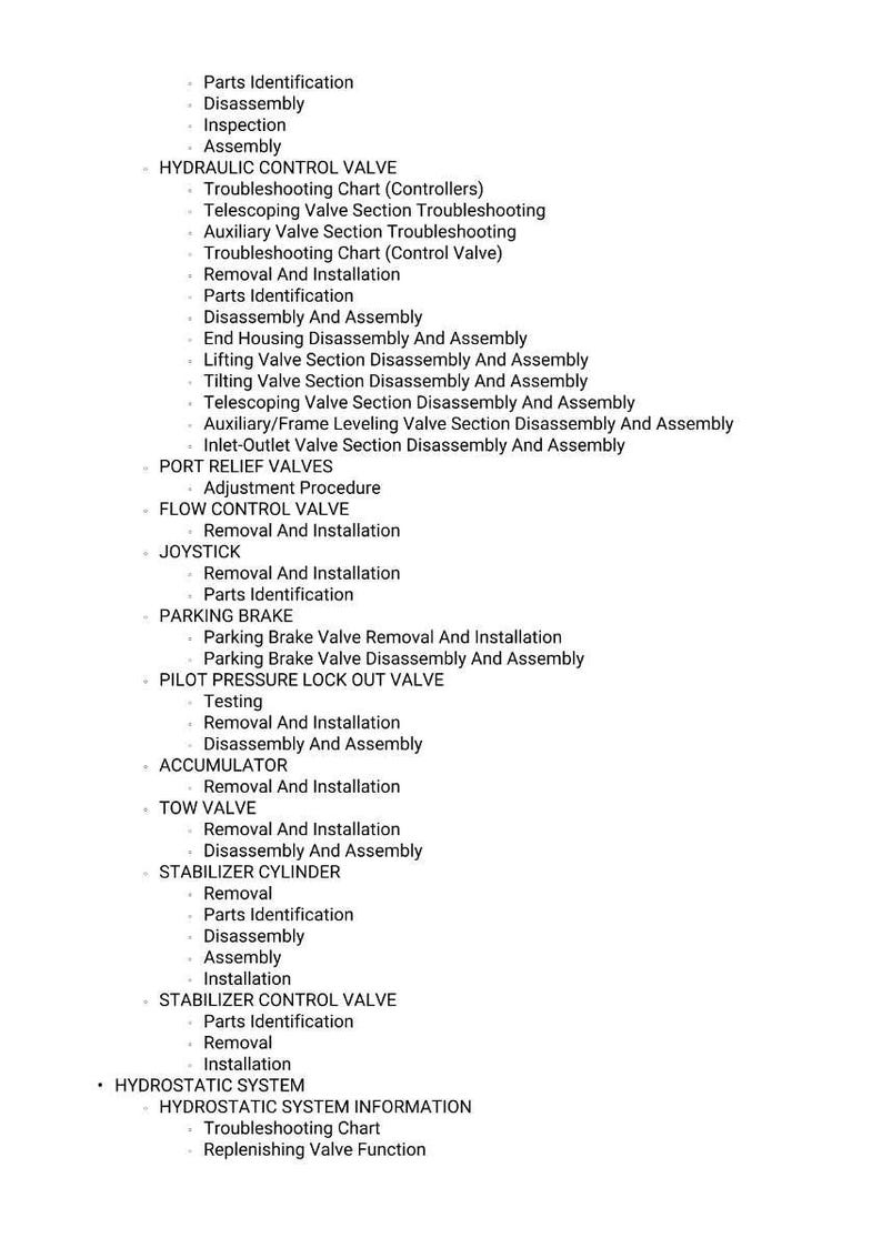 May include: A detailed list of hydraulic system components and procedures, including parts identification, disassembly, and assembly instructions. The text is in black font on a white background.