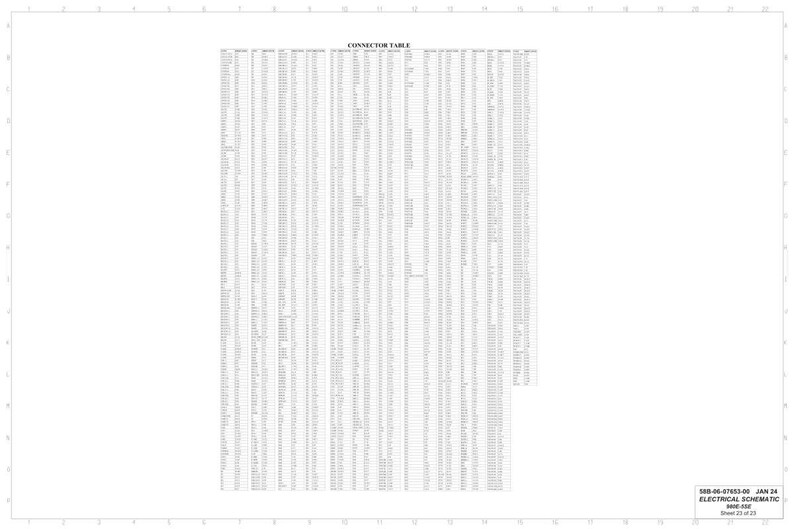 May include: A detailed electrical schematic with a "CONNECTOR TABLE" at the top. The table is filled with rows and columns of text and numbers. The document includes the text "ELECTRICAL SCHEMATIC" and the date "JAN 24".