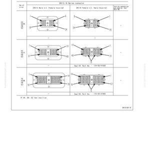 Pode incluir: Diagrama de conectores da s&eacute;rie DRC12.16, incluindo caixas de pinos macho e f&ecirc;mea. A imagem inclui n&uacute;meros de pe&ccedil;a, n&uacute;meros de pinos e posi&ccedil;&otilde;es-chave para solu&ccedil;&atilde;o de problemas.