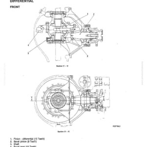 May include: Diagram of a differential front assembly, labeled with parts including pinion, bevel gear, and shaft. The image is a technical drawing with detailed cross-sections and annotations, ideal for automotive or engineering education.