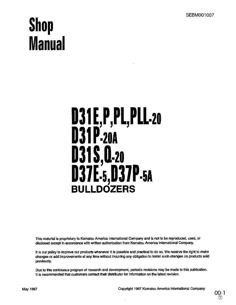 May include: A white shop manual cover with black text. The title reads "Shop Manual" at the top, followed by model numbers for bulldozers. The bottom of the cover includes the word "BULLDOZERS". The manual is from May 1997.